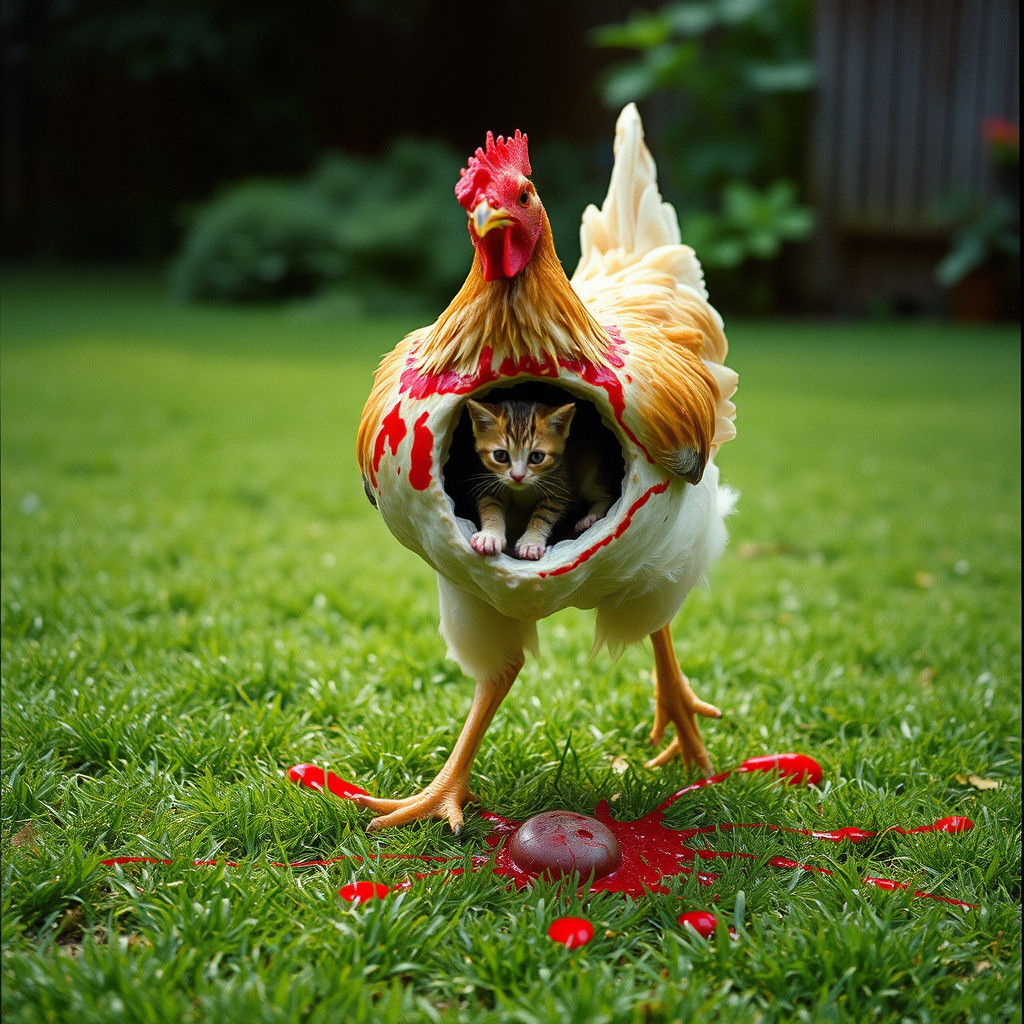 Surreal Chicken and Kitten in Painted Yard