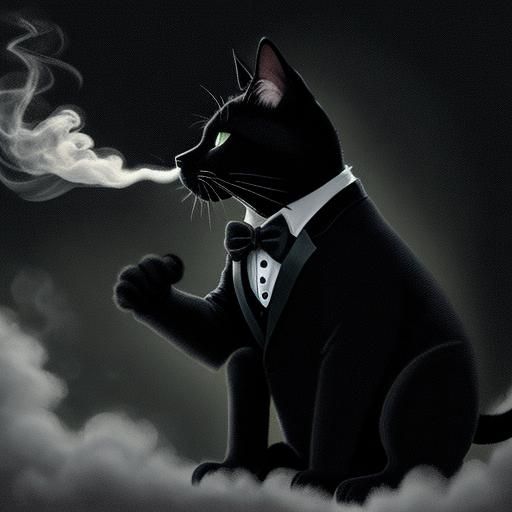 Dreamy Dark Scene: Tuxedo Cat Smoking Cigar