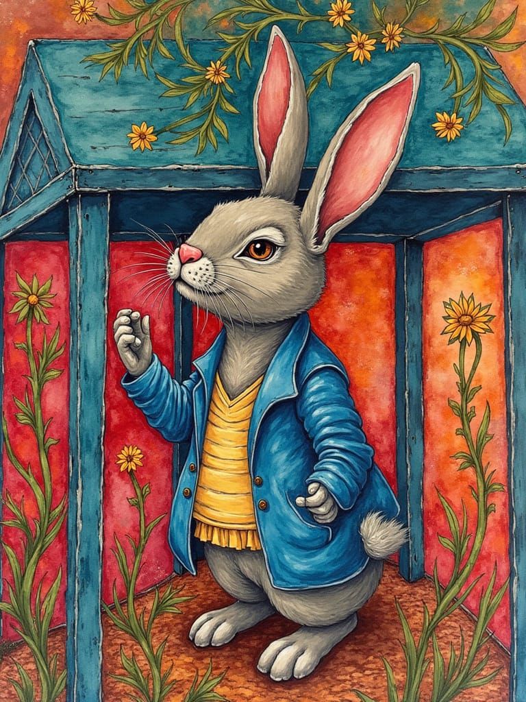 Steampunk Bunny in Garden, Neo-Impressionist Style