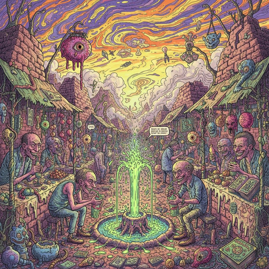 Futuristic Desert Marketplace With Neon Fountain