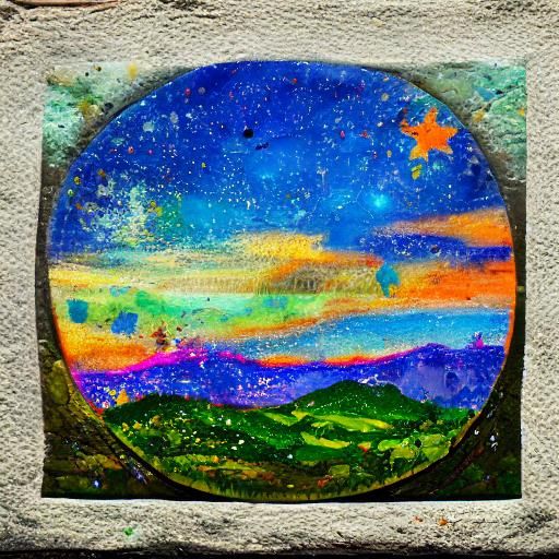 Paisajes acolchados, donde campos de mosaicos, colinas y cielos estrellados se unen en un vibrante tapiz de colores y te...