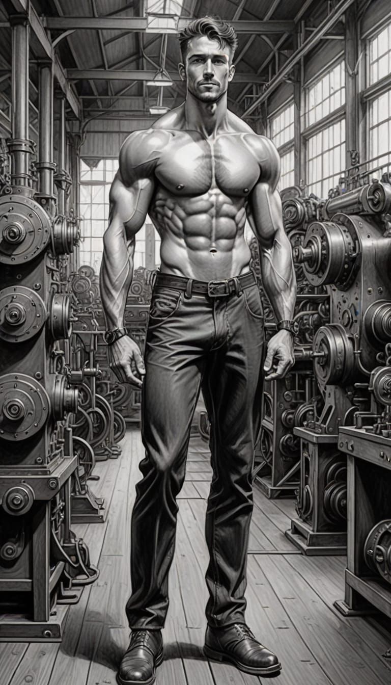 Steampunk Man in Factory Pencil Drawing