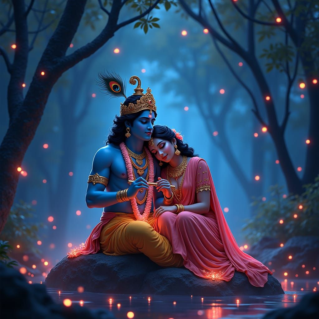 Lord Krishna in Neon Cyberpunk Forest