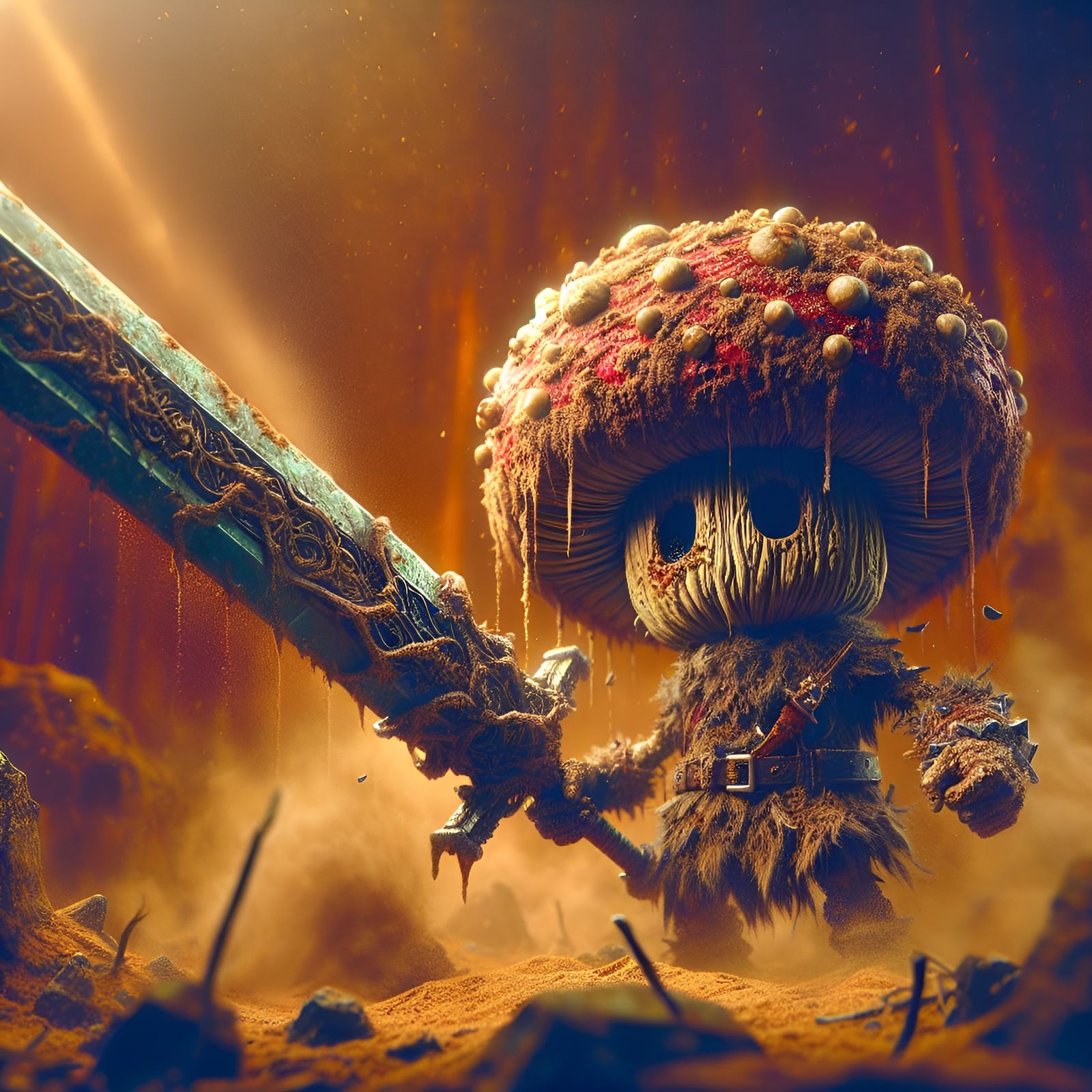 Mushroom Warrior Gripping Battle-Sword in Grungy Jungle