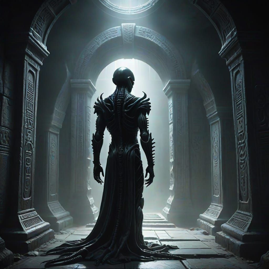 Eerie Alien in Tomb, a Dark Fantasy Art