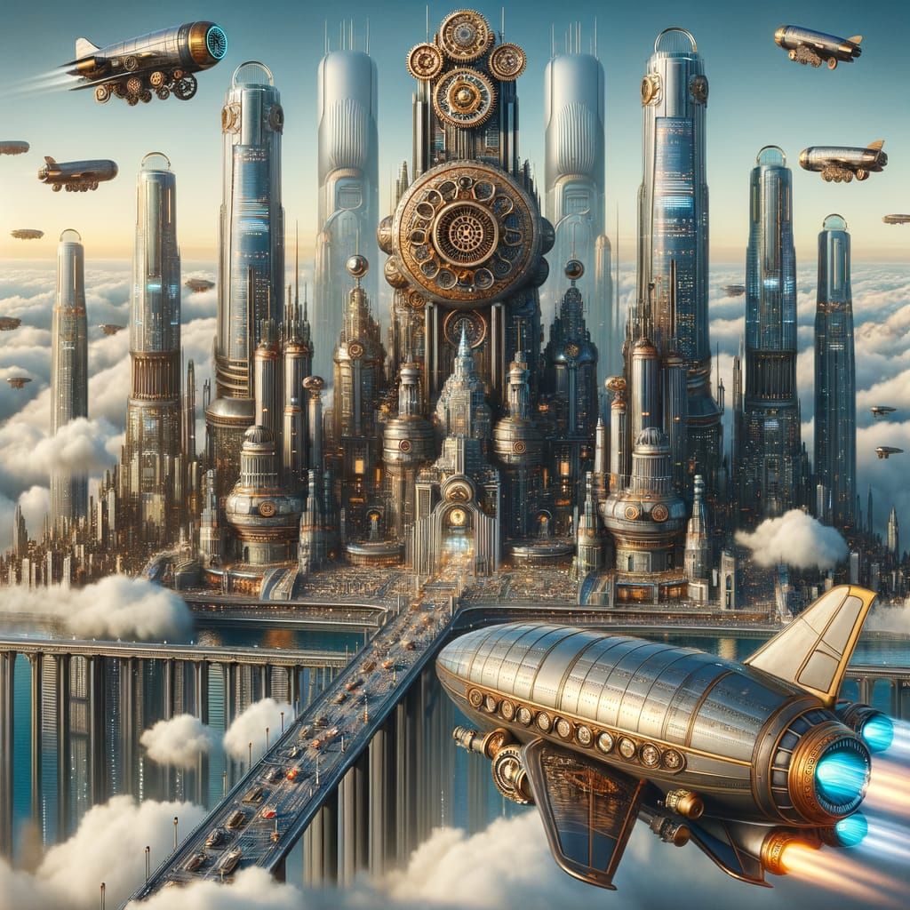 Steampunk Airship Docks at Metropolis in the Clouds