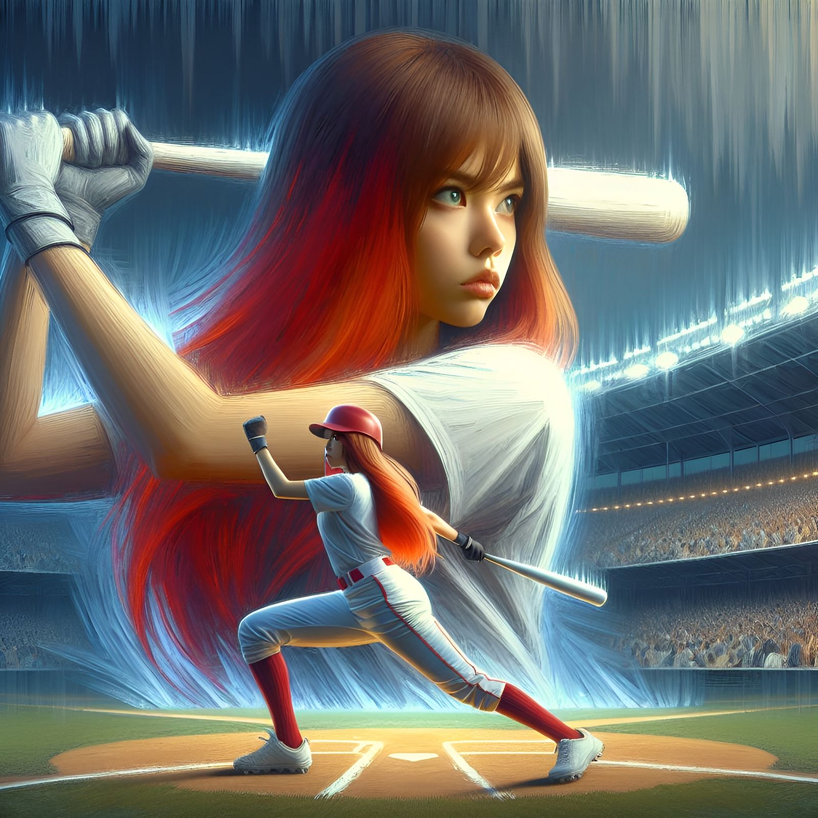 Baseball Girl in Double Exposure Oil Painting
