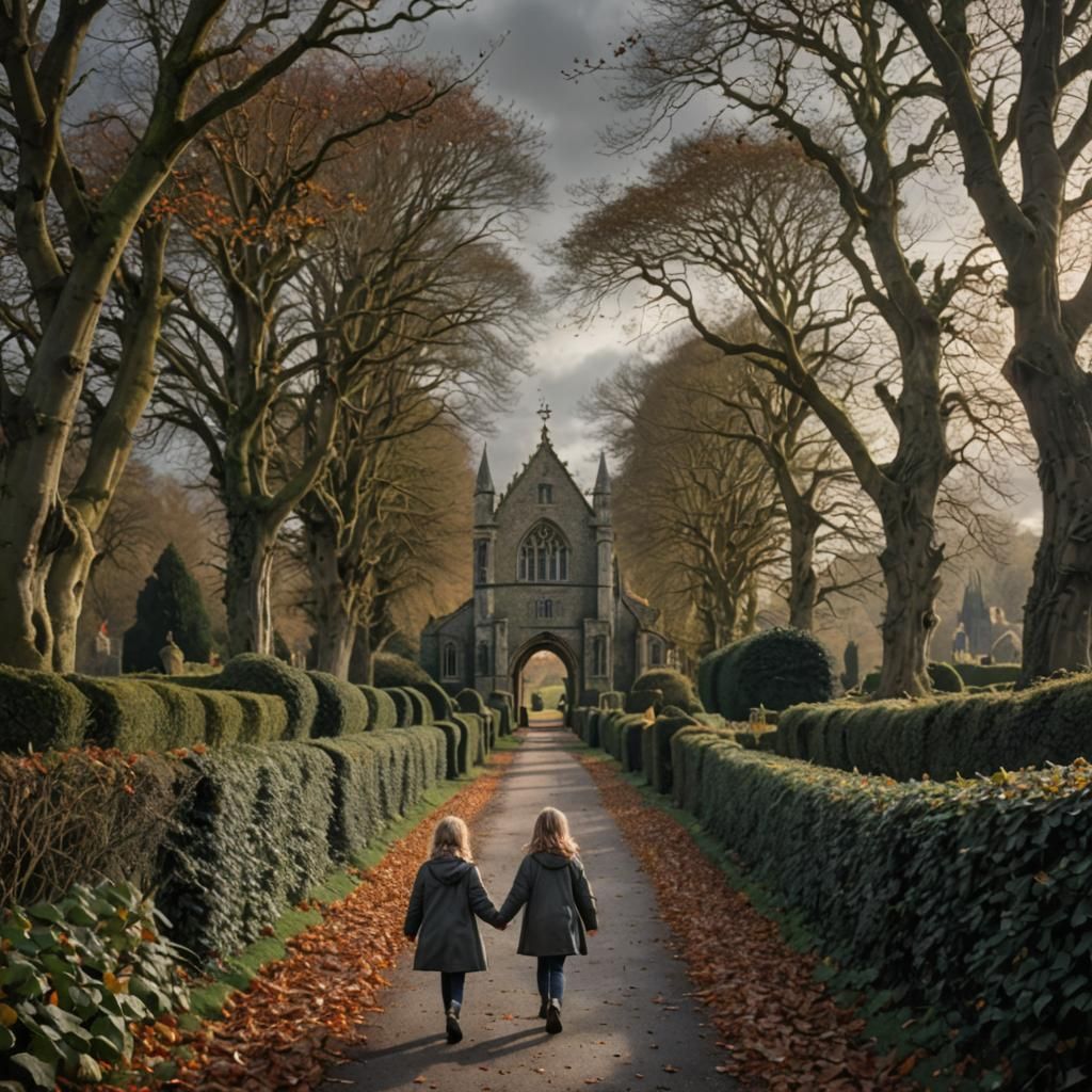 Girl Walks to Abbey Gatehouse on Winter Day