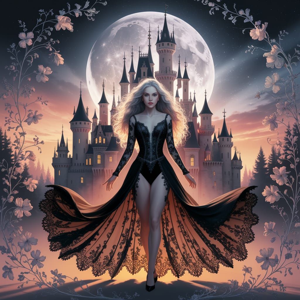 Airbrushed, watercolor, an enchantress in black lace dress w...