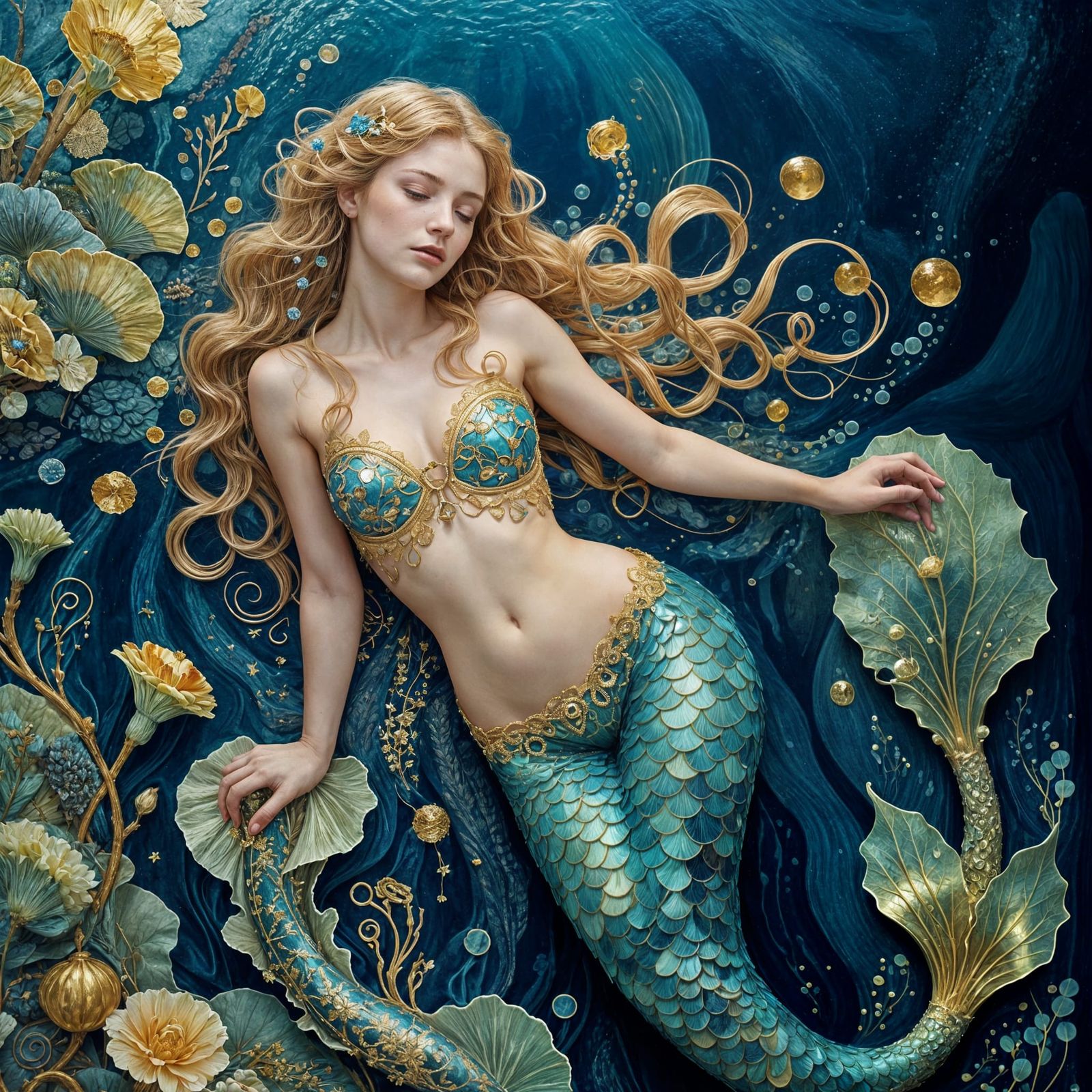 Klimt-Inspired Mermaid on Moonlit Reef