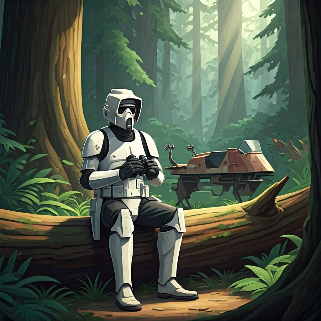 Scout Trooper in Cel-Shaded Forest, Clone Wars Style