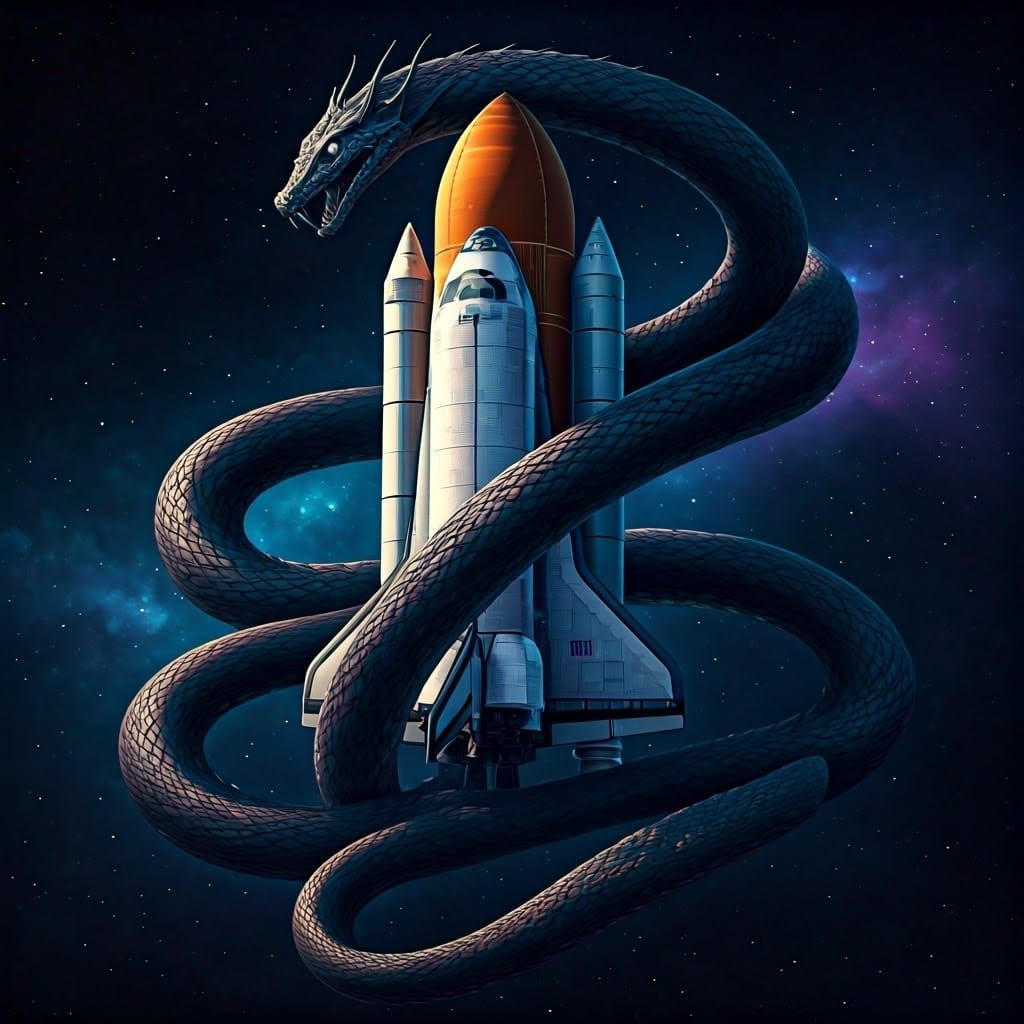 Space Shuttle Entwined by Serpent in Futuristic Art