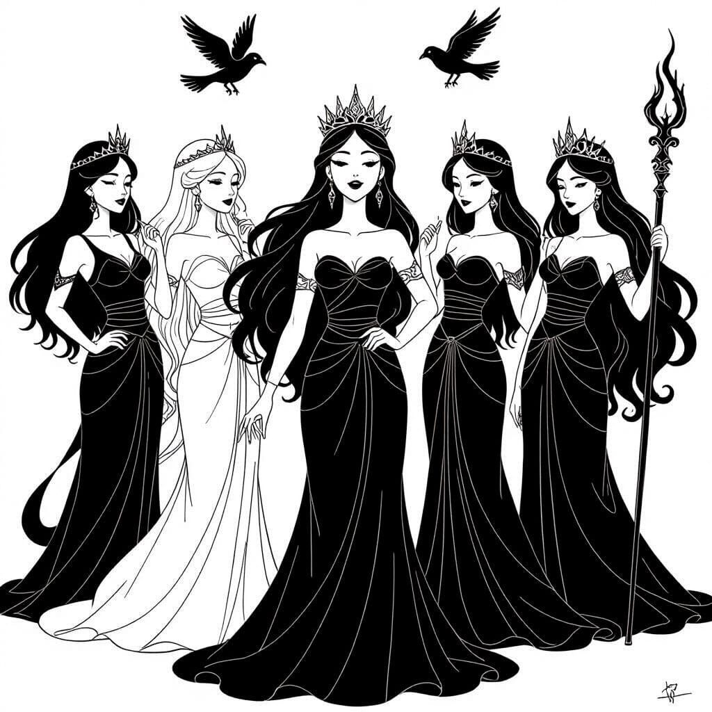 Muses and Magical Figures in Elegant Manga Style