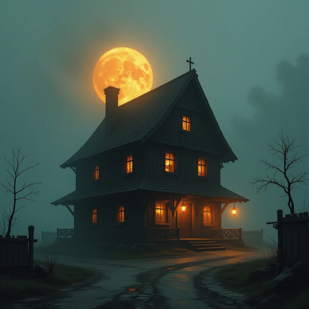 Mystical Tavern in Eerie Mist, Golden Light