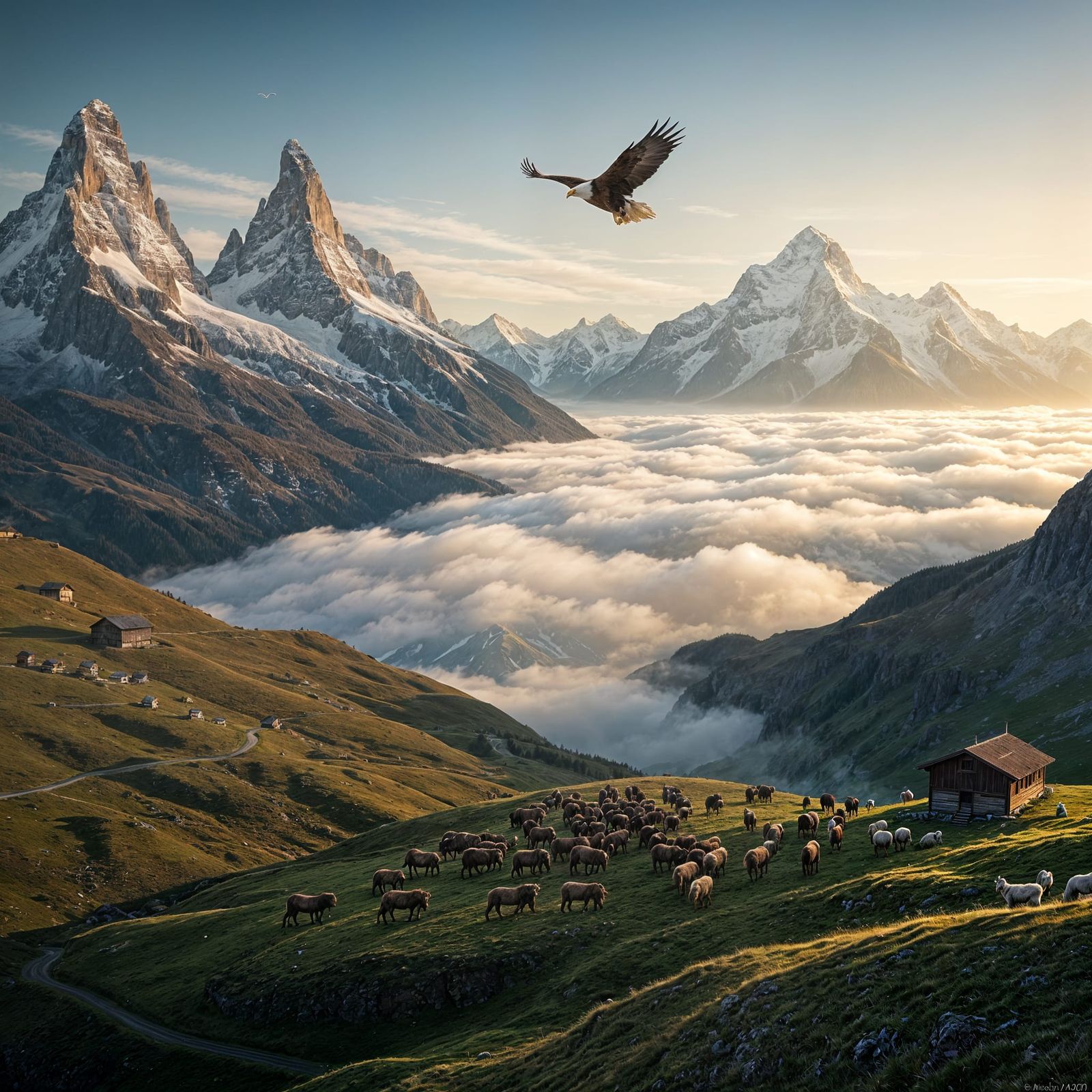 Swiss Alps Dawn with Aurochs and Eagle
