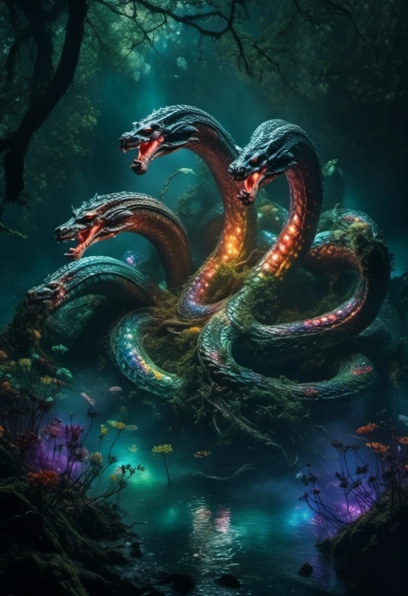 <lora:Dark fantasy realism:1.0> A towering  hyperdetailed,  hyperrealistic 
 Hydra emerges from the depths of a mystic s...