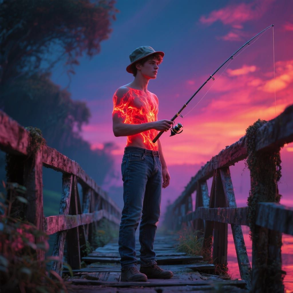 Man on Bridge Bathed in Fiery Light, Photorealistic Digital ...
