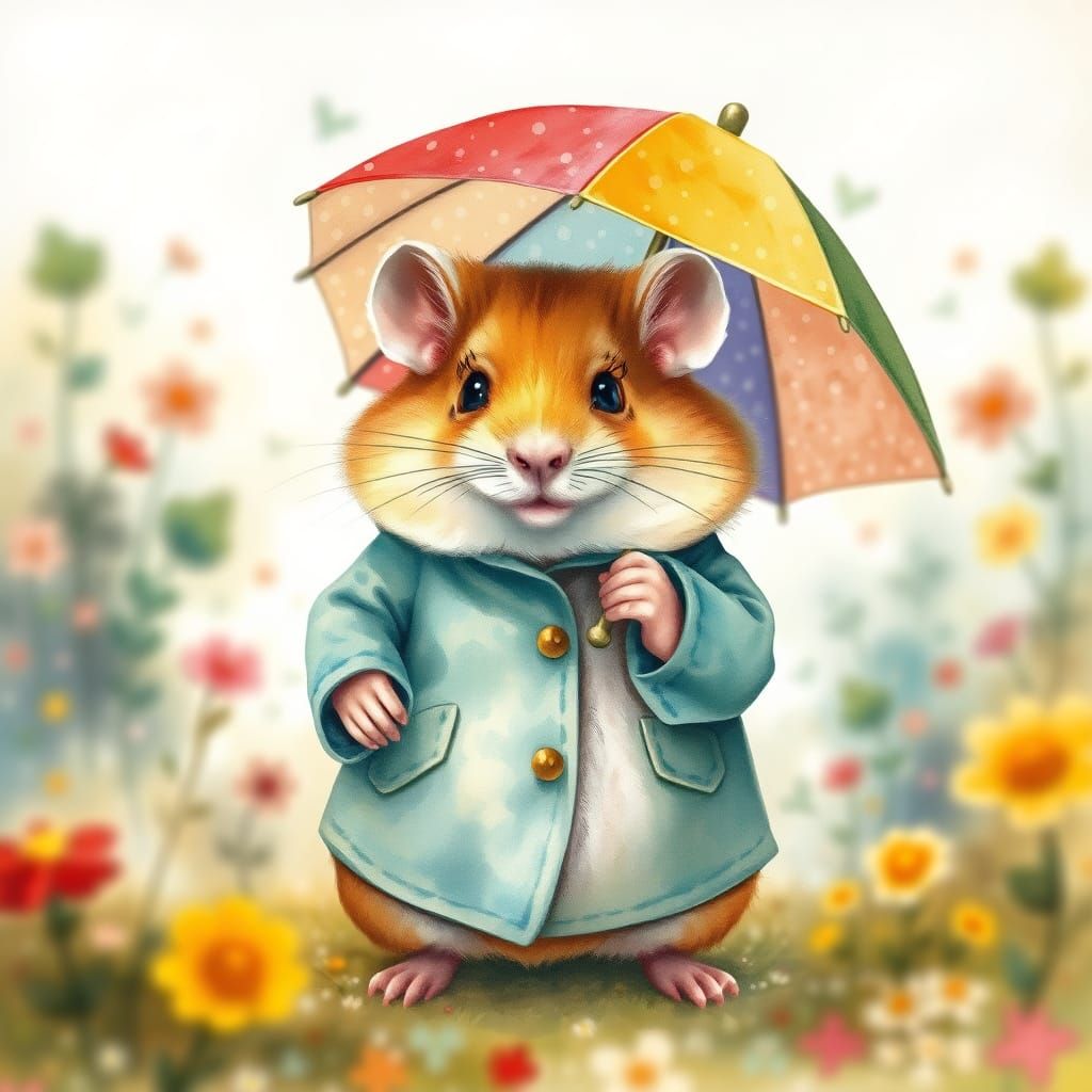 Whimsical Hamster in Colorful Raincoat with Umbrella
