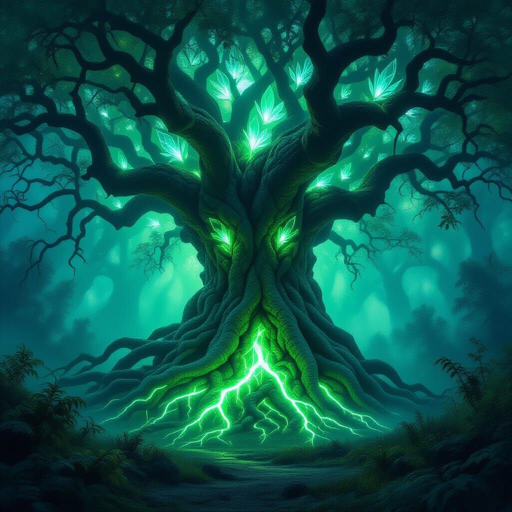 Ancient Bioluminescent Tree in Mystical Forest Clearing