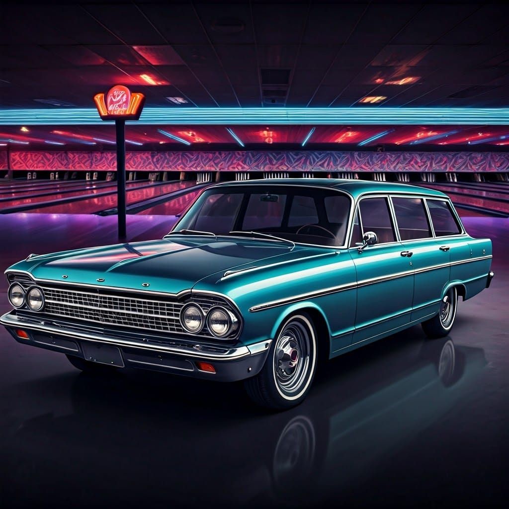 Retro-Futuristic 1967 Ford Galaxy at a Vibrant Bowling Alley