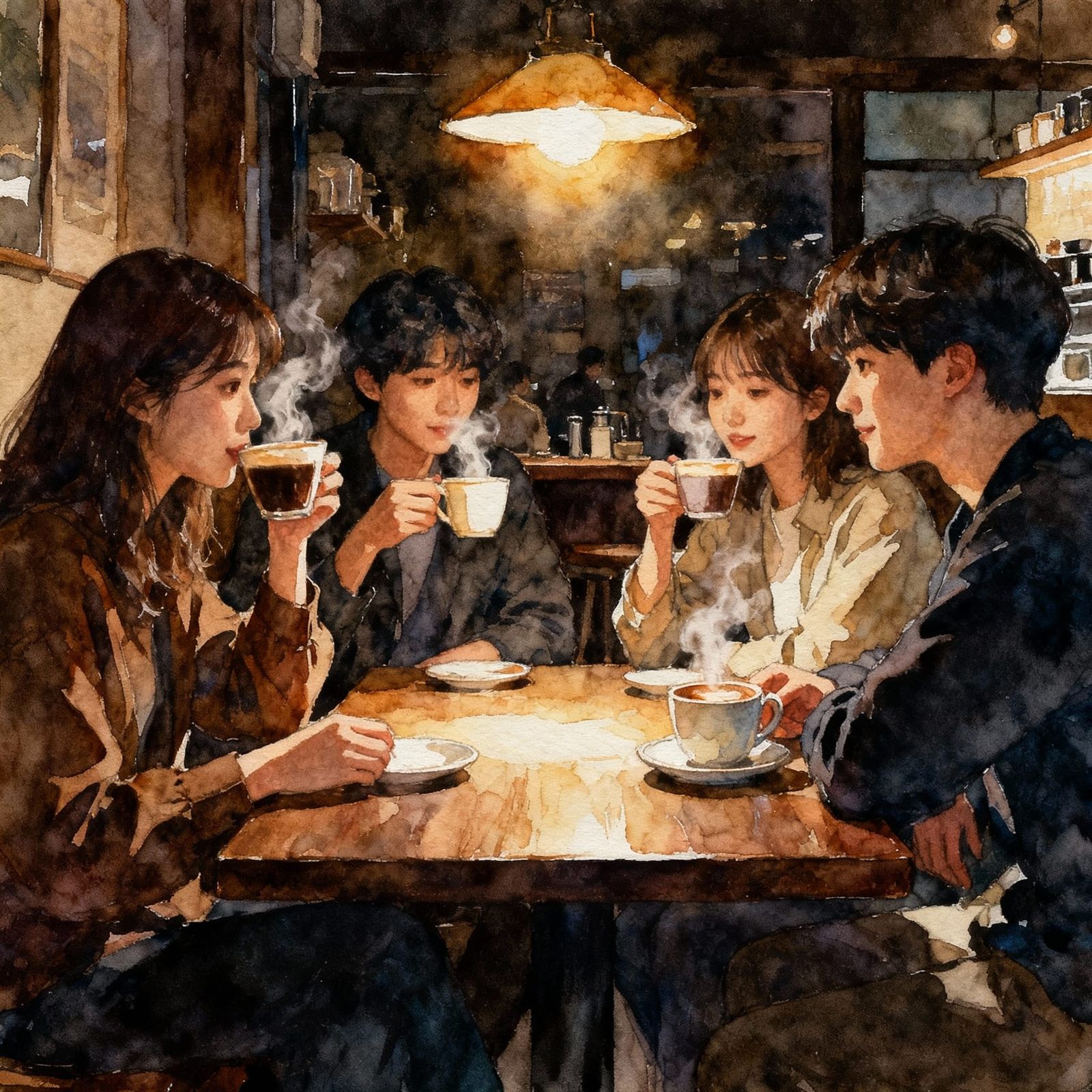 Friends Share Coffee in Atmospheric Gouache Cafe Painting