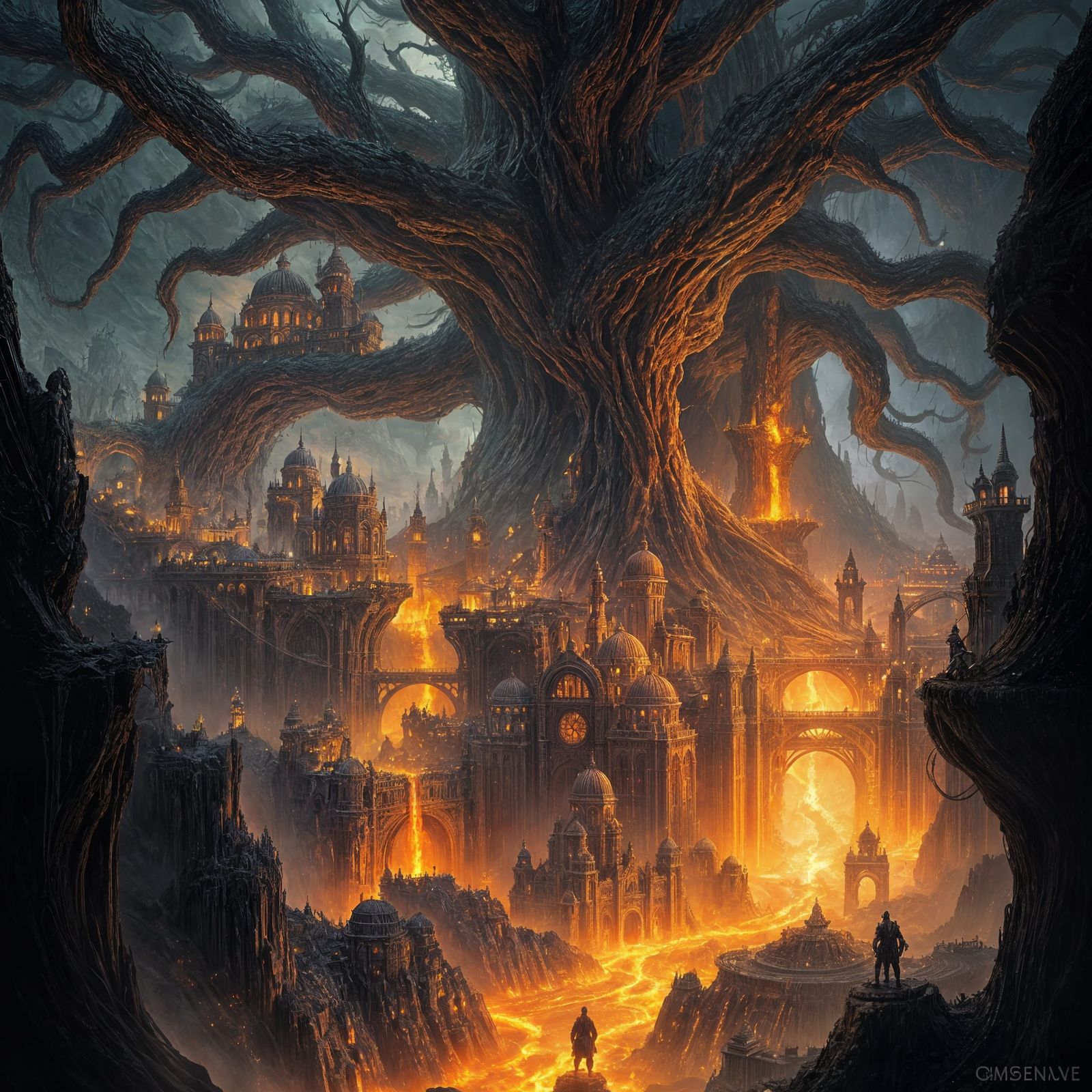 Ancient Tree City with Molten River in Dark Fantasy Style