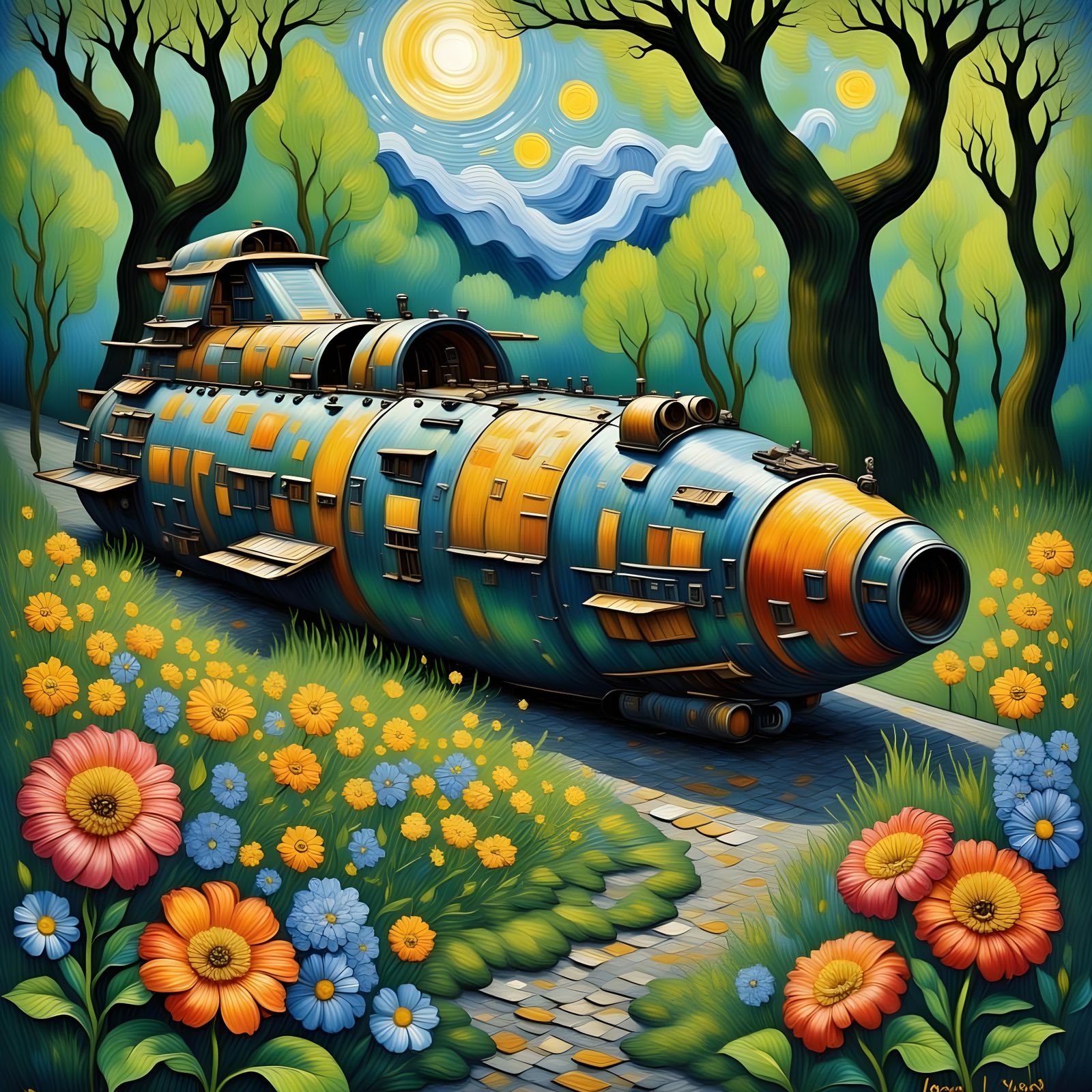 A weathered, dilapidated antique rocket ship rests gently on...