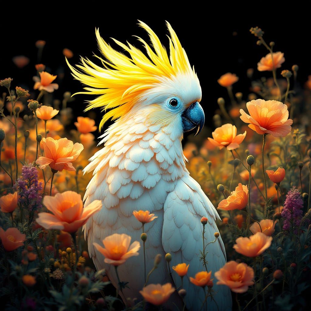 Majestic Cockatoo in Dreamlike Floral Field