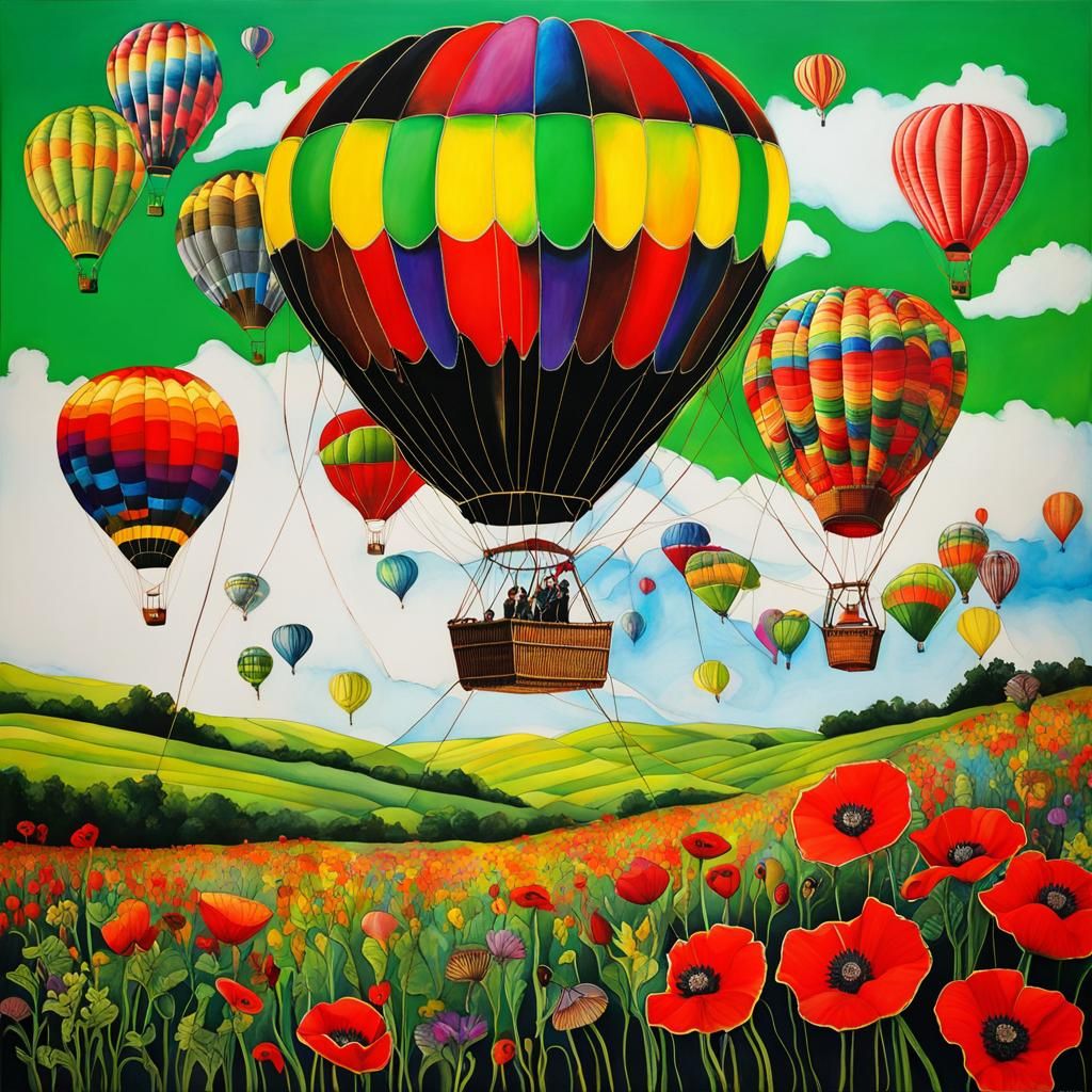 Vivid color Steampunk  surreal child's drawing of hot air ba...