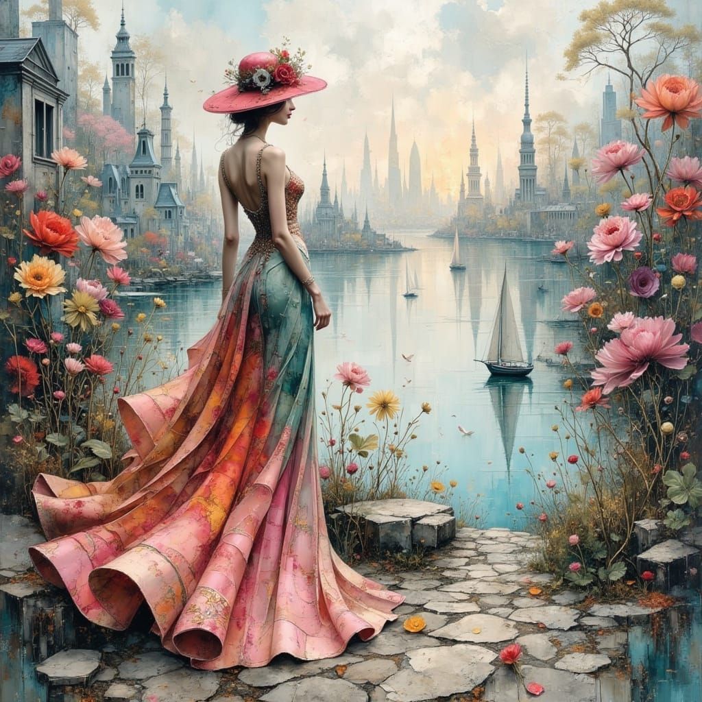 Stylish Woman in Cityscape, Impasto Oil Painting