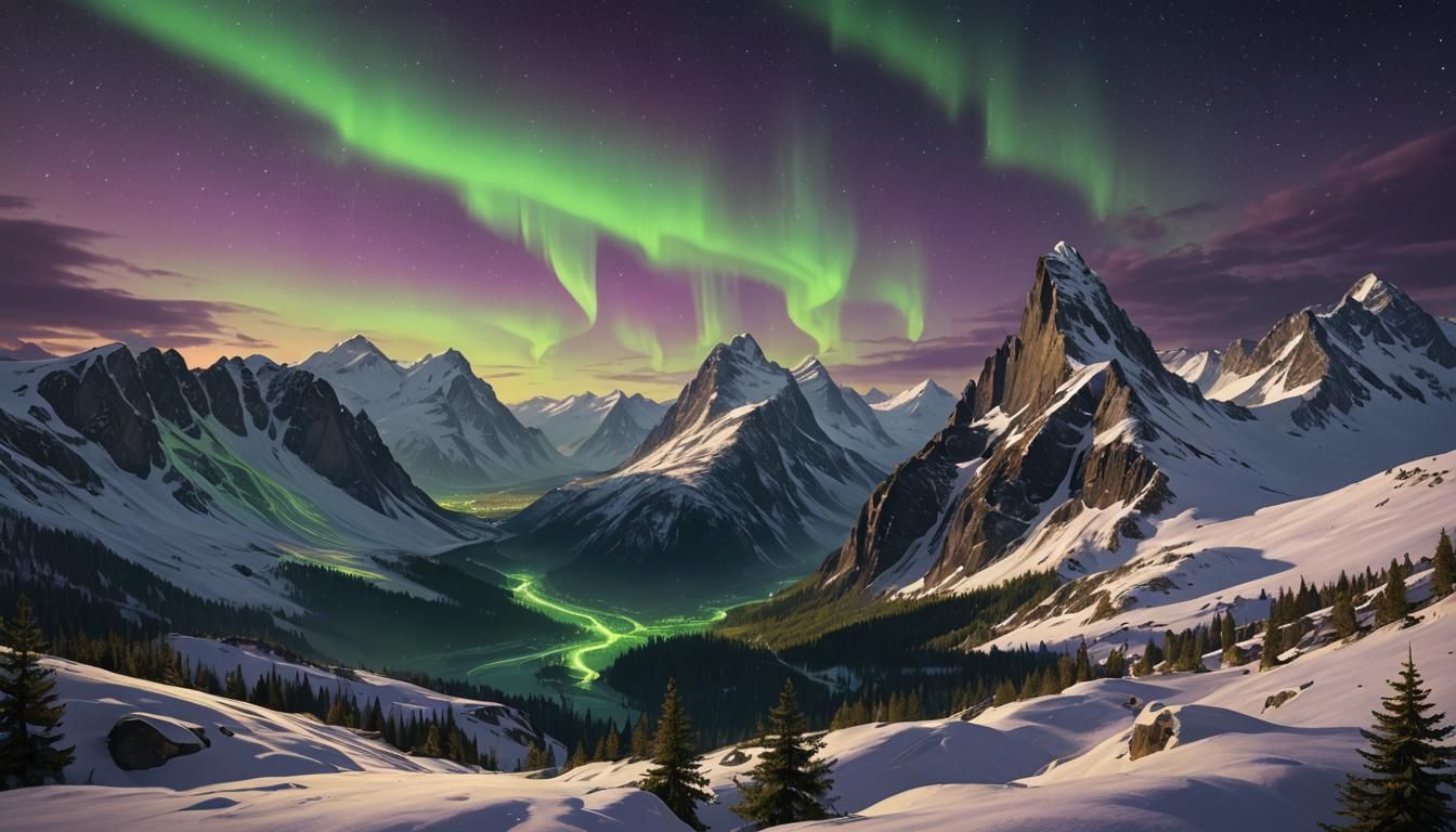 Aurora Borealis Over Snowy Peaks in Dark Fantasy Style