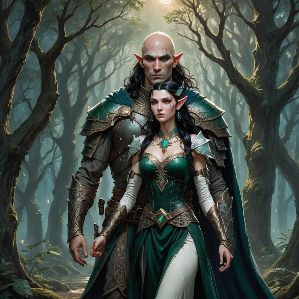 Elf Maiden and Warrior in Moonlit Forest