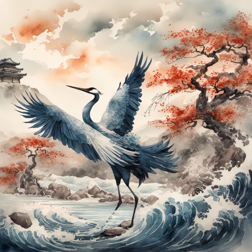 Japanese Crane Watercolor in Hokusai Style