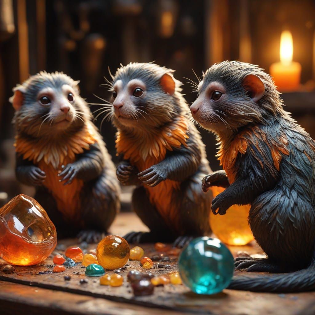 Marmosets in Artistic Glassblowing Scene, Oil Painting in Ea...