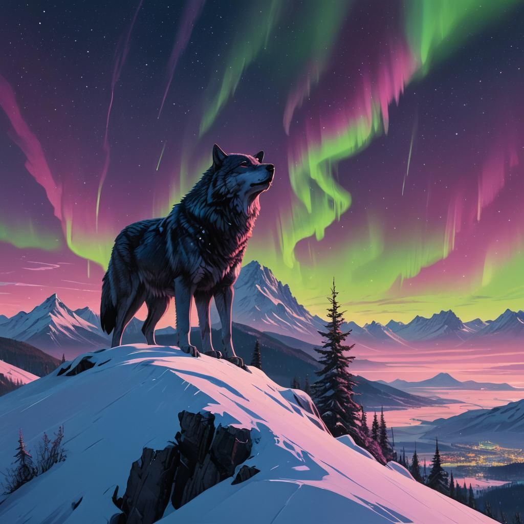 Wolf Howling at Aurora Borealis in Matte Painting Style