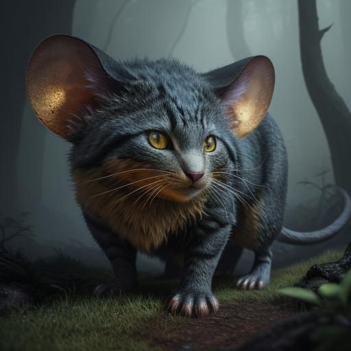 Mouse-Cat Hybrid in Misty Forest: 3D Creature Art