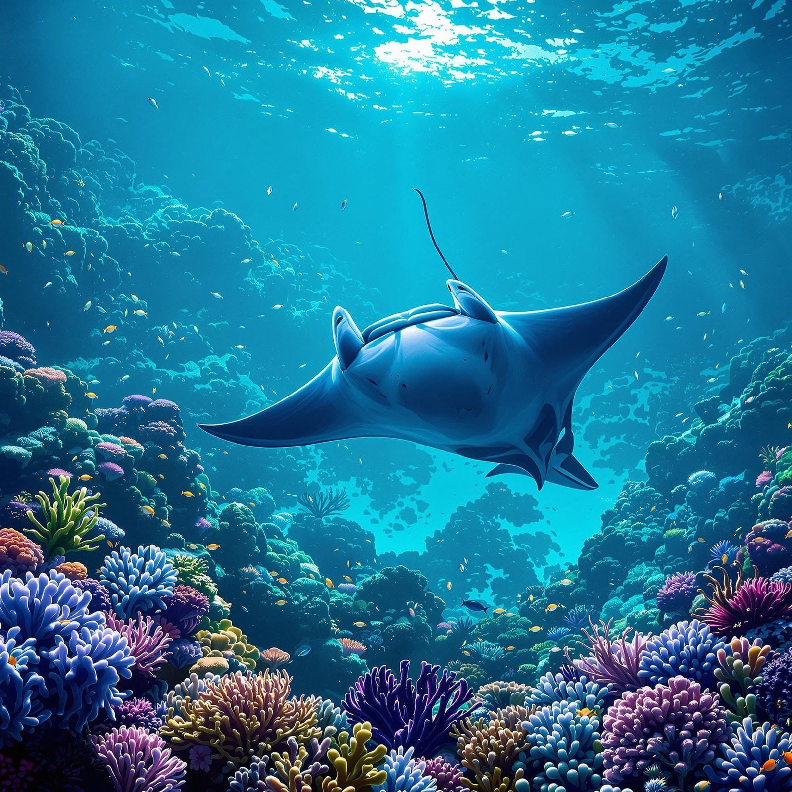 Majestic Manta Ray in Vibrant Coral Reef Scene