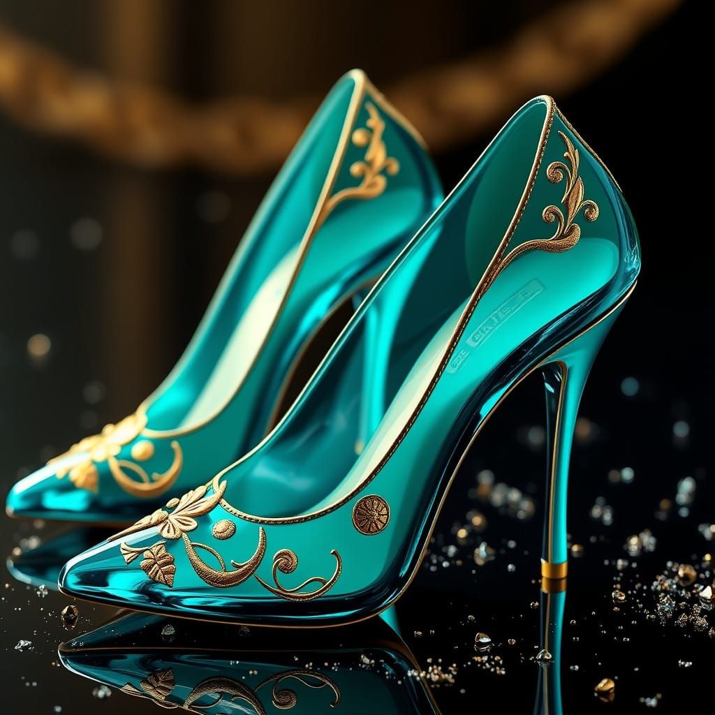 Teal Glass Cinderella Heels with Gold Accents in Fantasy Fas...