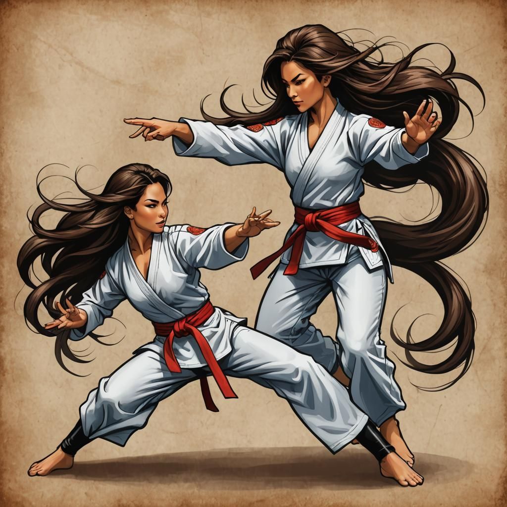 Dynamic Female Martial Artists in Combat Illustration
