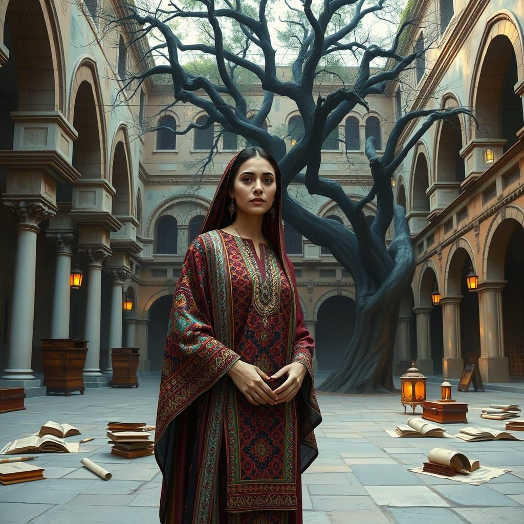 Ethereal Middle Eastern Woman in Ancient School Courtyard