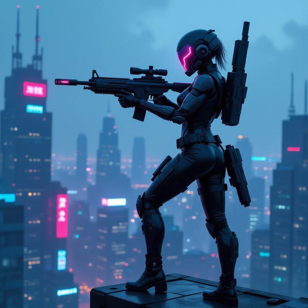 Cyberpunk Cyborg Warrior in Neon Cityscape