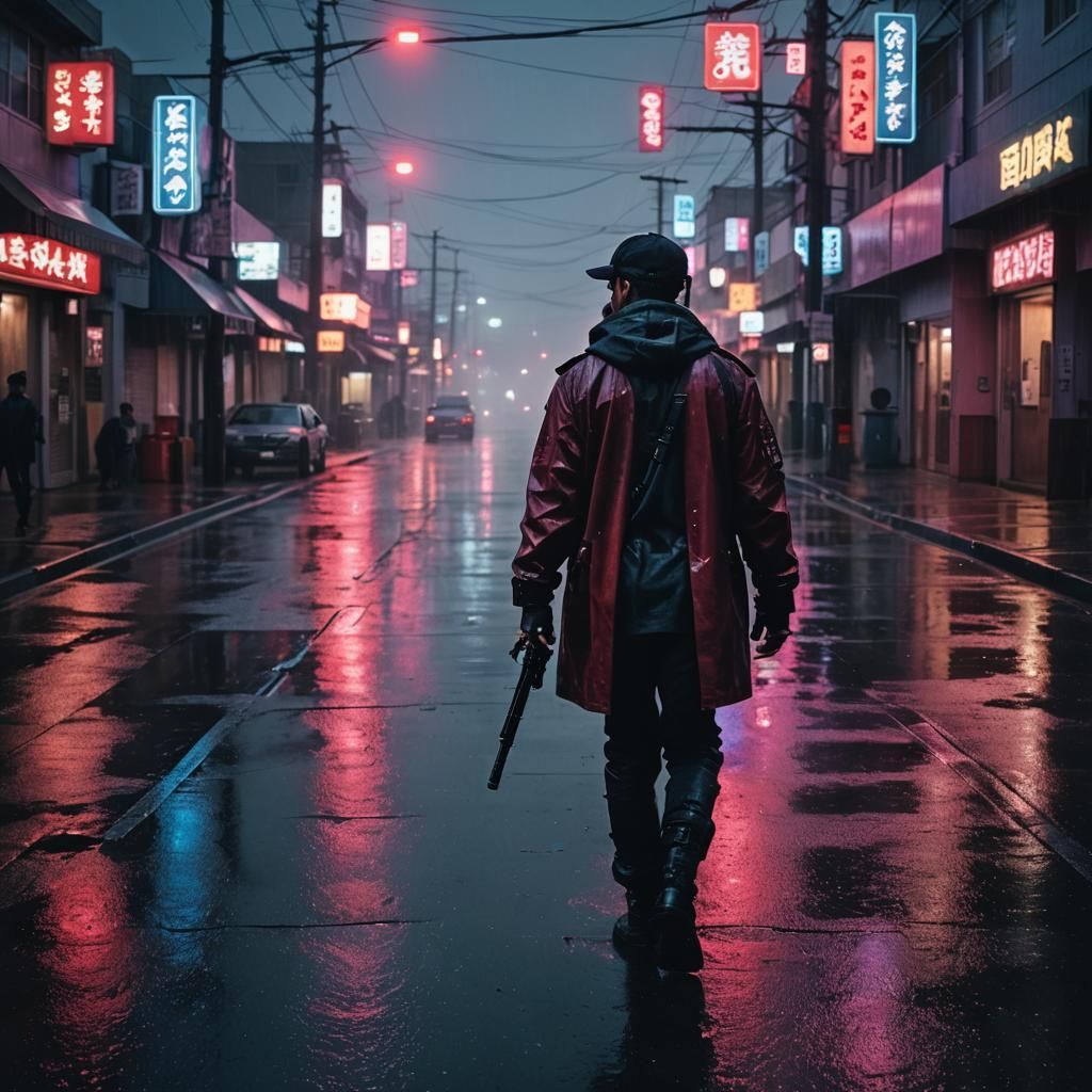 Cyberpunk Gang Member in Rainy Japantown Street