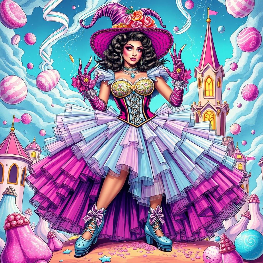 Vibrant Latina Drag Queen Witch in Candyland Tower