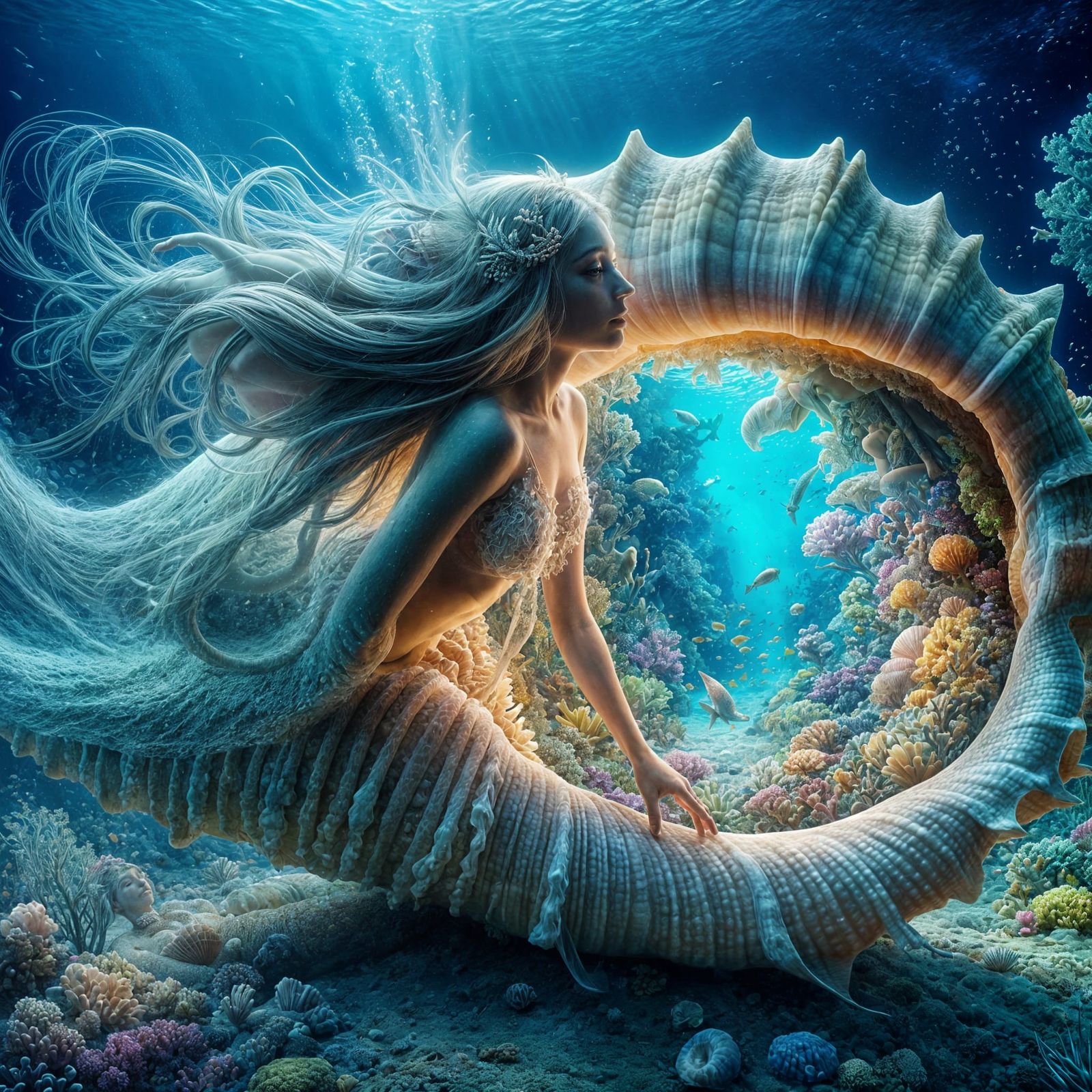 Enchanting Mermaid Holding Seashell to a Coral Reef