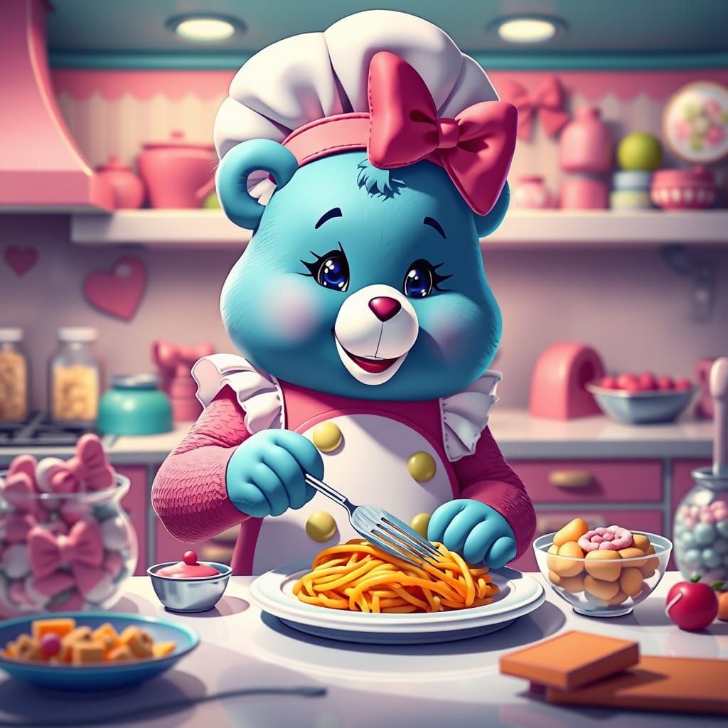 Hyperrealistic Care Bear Princess Chef in Vibrant Candy Kitc...