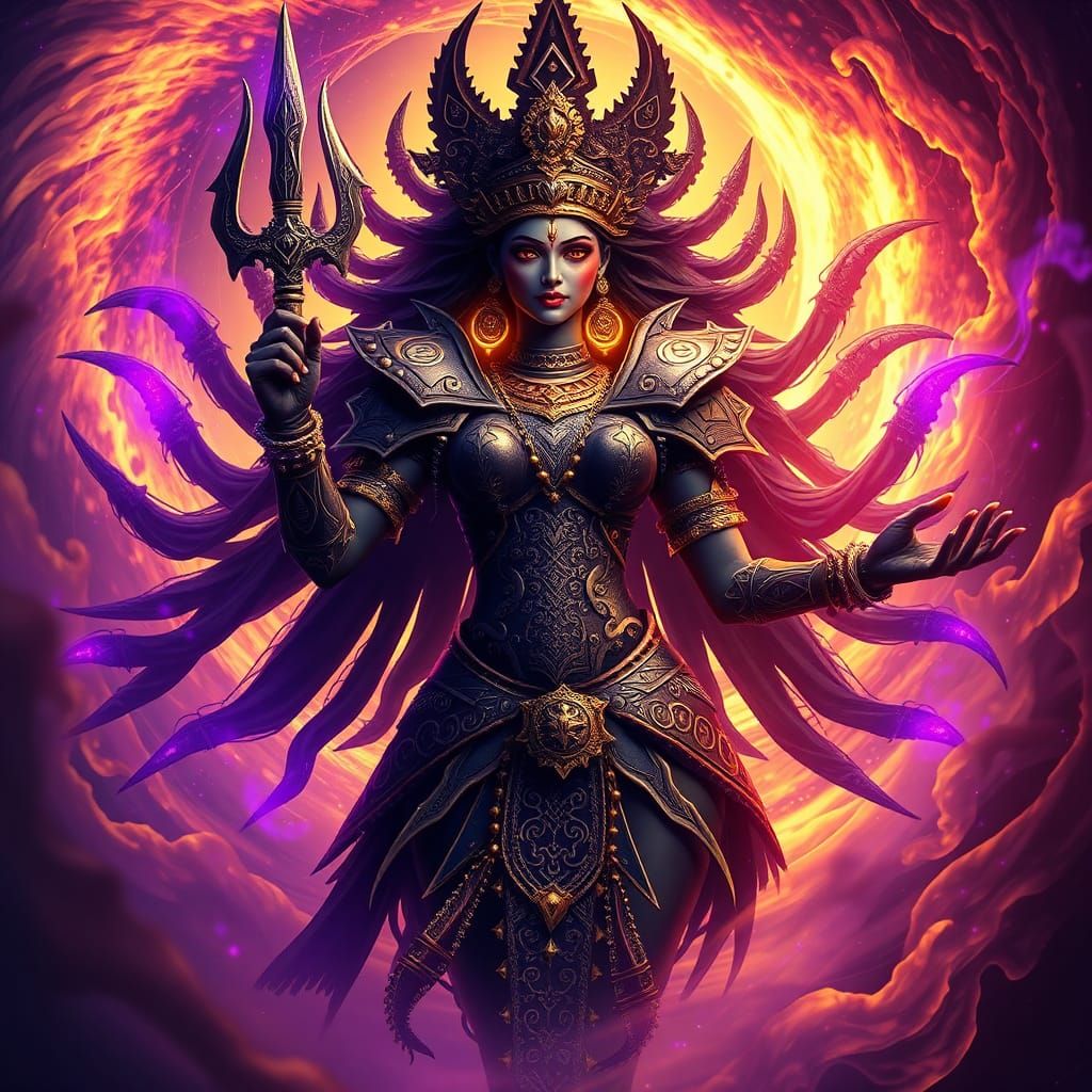 Goddess Kali in Dark Fantasy Armor, Art Nouveau