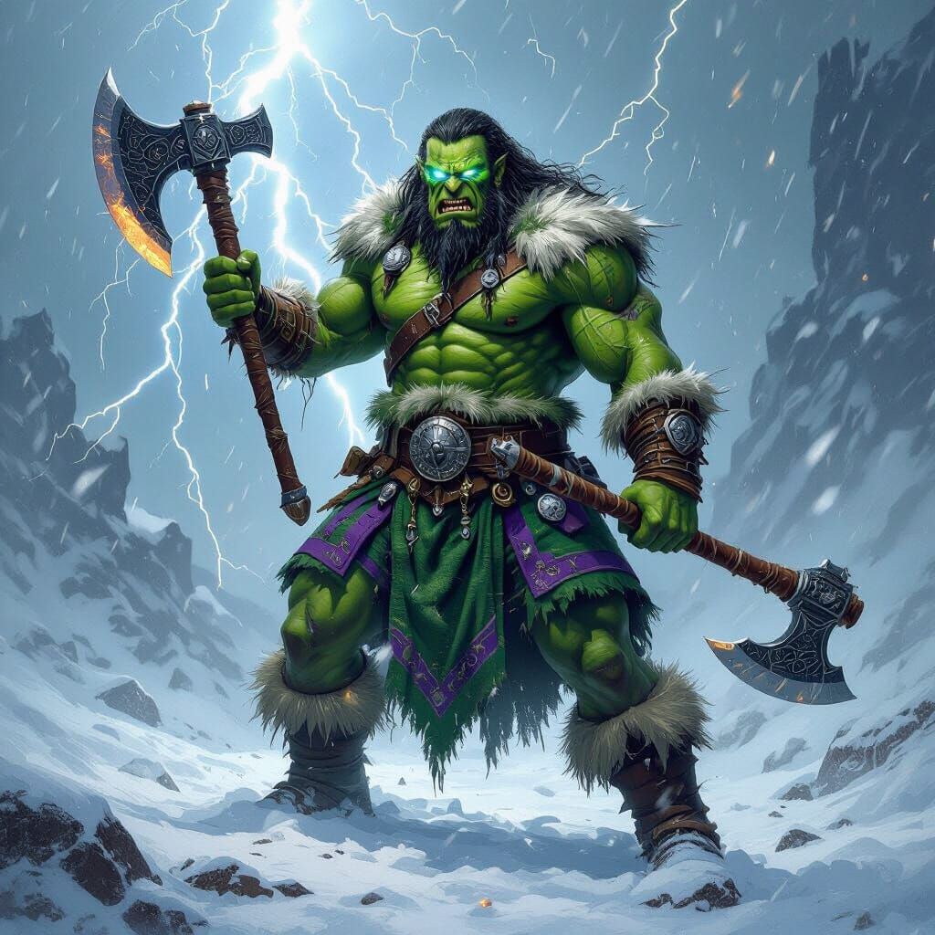Green Warrior in Blizzard with Lightning Eyes as Fantasy Art