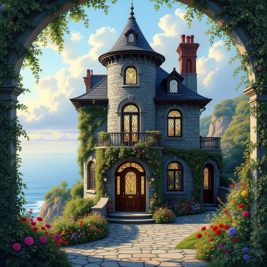 Pre-Raphaelite House with Tower and Ocean View
