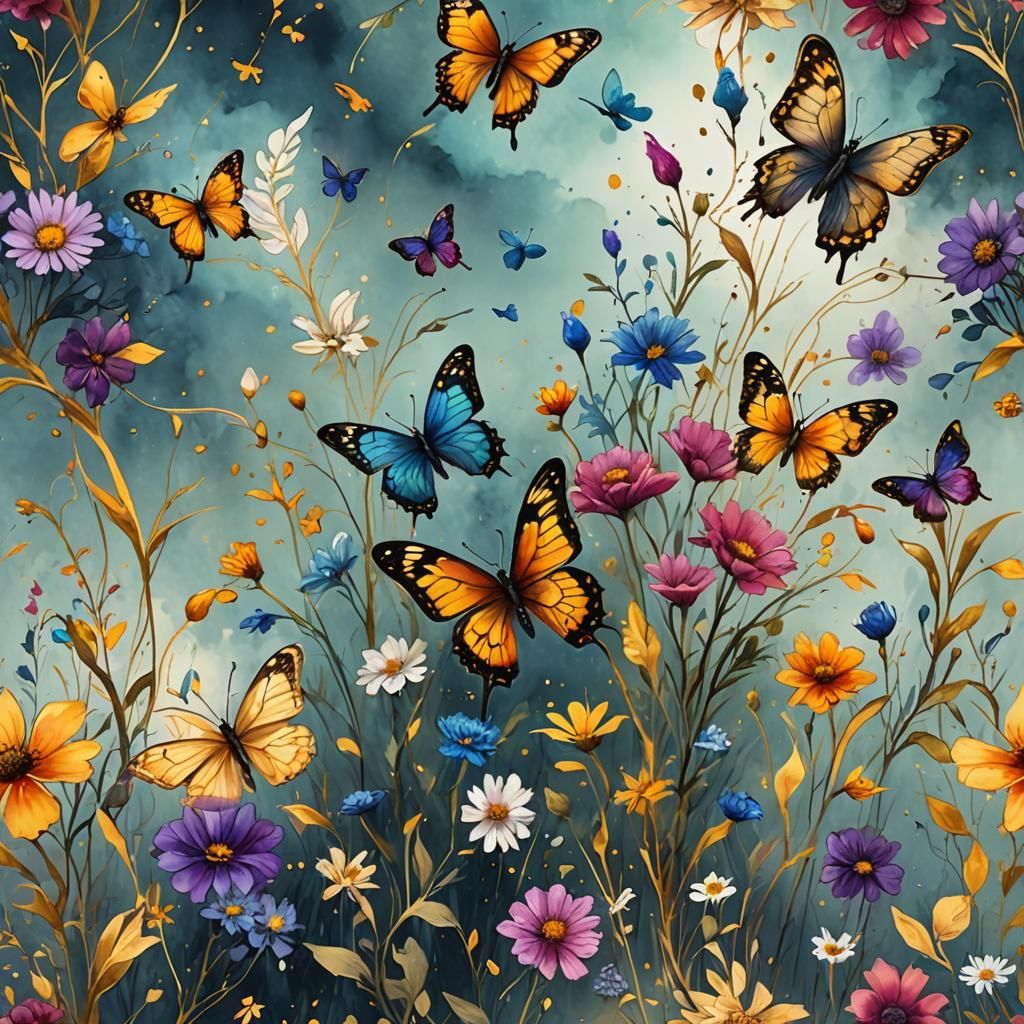 Wildflowers and Butterflies in Calligraphy Style
