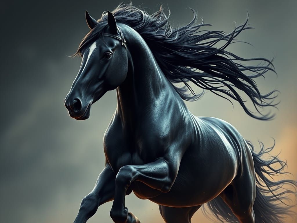 Black Friesian Stallion Galloping in Dramatic Light